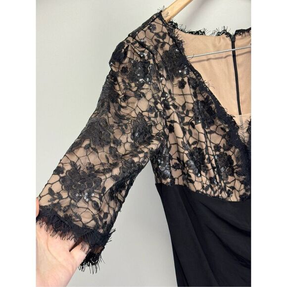 R&M Richards Gown Size 10 Black Beige Lace 3/4 Sleeve Maxi Front Slit Sequined - Picture 5 of 8